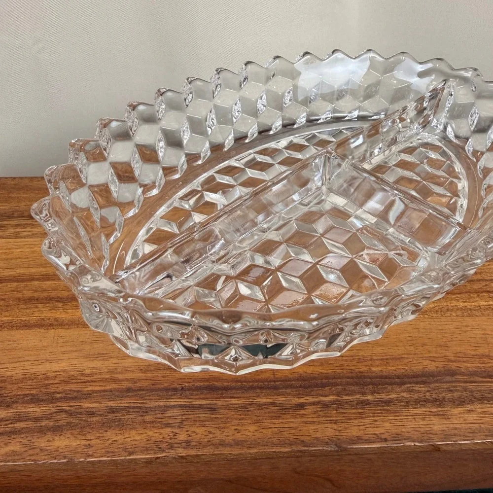 Fostoria America Clear Glass 3 Part Divided Relish Dish Oval Cube Pattern 10.5in